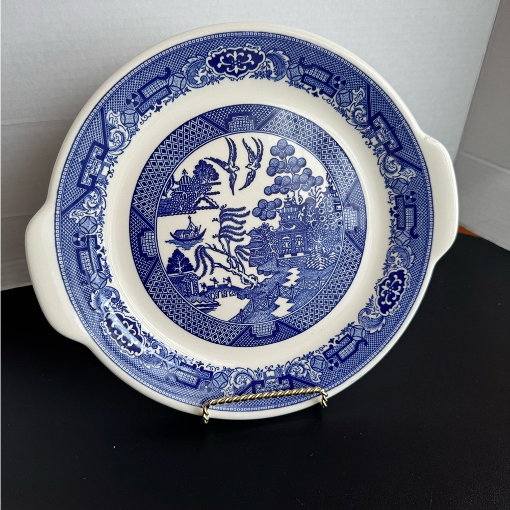 Vintage Willow Ware Blue and White Cake Plate or  Serving Platter - Picture 2 of 4